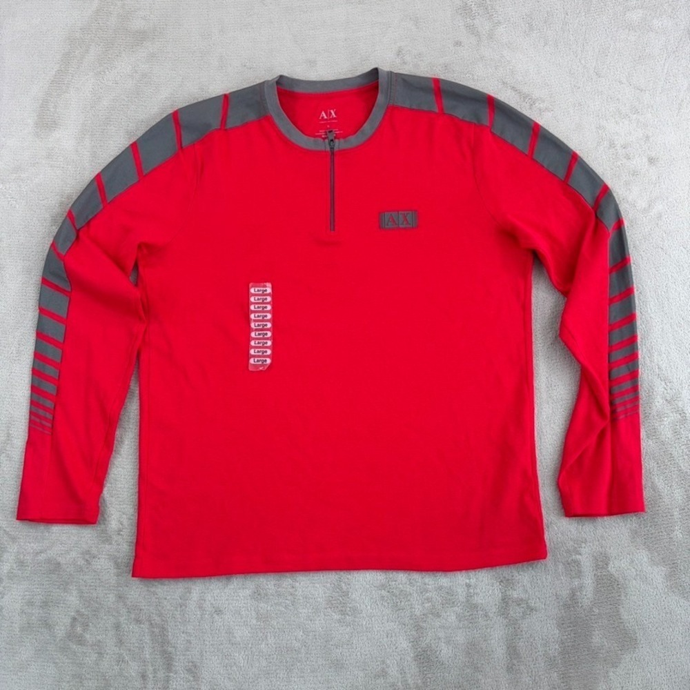 Vintage ARMANI EXCHANGE Chest Logo 1/4 Pullover in Red Grey Design Men Large NWT